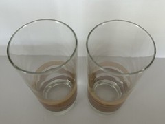 2 Vintage MCM Hombre Tan Brown Striped Water Tumblers High Ball Glasses Stripes