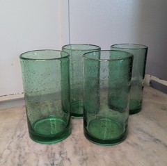 Recycled Green Bubble Glass Tumblers Hand Blown Seeded Art Set 4 Mexico 6″ 18 Oz