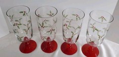 Studio Nova Holly Berry Red 4 Iced Tea Glasses 20 oz Christmas Red Stem Vtg