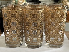 Vintage Libbey Tall Glasses Gold Ring Geometric Pattern