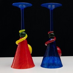 Pair of Tall Stem Mexican Fire-Blown Glasses Vibrant Colors Swirls 10.25in USED
