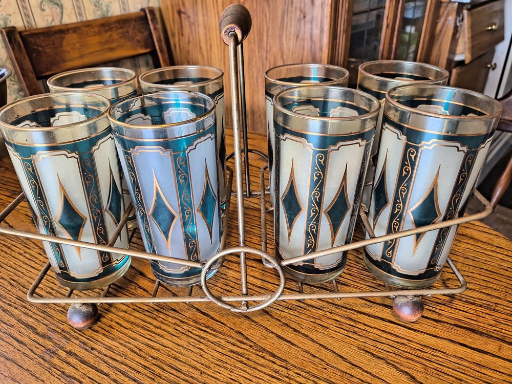 vintage mid century Drinking Glasses W/caddy Diamond pattern.blue/Green gold