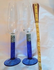 Hand-blown Glass Champagne Flutes, Set of two Blue, Green & White swirled Stems
