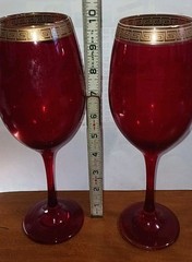 Set of 2 Ruby Red Wine Glasses Gold Greek Key Rim Made in Italy 10.5”
