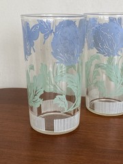 Set Of 6 Juice Glasses Blue Green Butterfly And Clover Flower Vintage 4 3/4” EUC