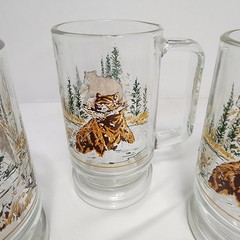 RARE! 4x Vtg INDIANA GLASS Tiara-Exclusives Outdoor Life CRYSTAL BEAR & CUB MUGS