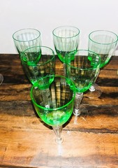 Vintage HC Fry Uranium Glass Wine Glasses Twisted Stem Ribbed Optic Green Set/6