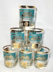 Steamboat Southern Comfort Double Old Fashion 22 Karat Gold an Aqua Set of 6