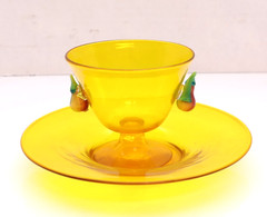 Vintage Salviati Murano Yellow Art Glass Dessert Fruit Bowl Cup Saucer Venetian