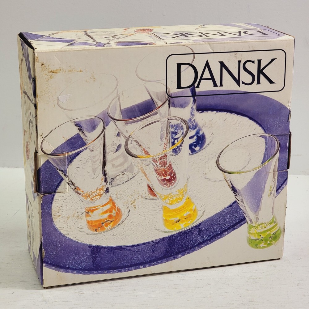 Dansk Vivacious Cordial Shot Glass 1.5oz Set 6 Various Multi Colored & Tray New