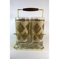 Mid Century Drinking Glasses Set of 8 Hollywood Regency Barware and Caddy