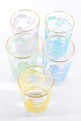 VTG Bartlett-Collins (5) Tumblers Ming Bonsai Trees, Pagodas, Rickshaws Pastel