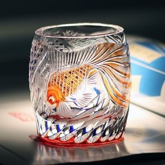 Hand Cut Gold Fish Pattern Rock Tumbler Whiskey Crystal Glass Tumbler 9oz
