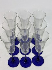 Set of 9 CRISTAL D’Arques Durand Cobalt Stem Champagne Flutes Neptune Blue Glass