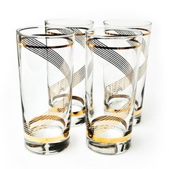 Set of 7 VTG Culver or Libbey Highball Glasses 22K Gold Stripe Swirl MCM