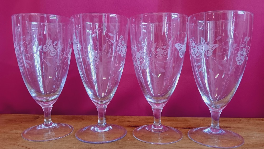 Lenox Butterfly Meadow Glass Goblets Set Etched Butterflies Floral Stemware
