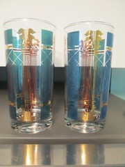 VTG MCM HIGHBALL GLASSES GREEK ROMAN COLUMNS GREEN GOLD