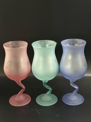 VTG Libbey Wine Glass Pastel Colors Frosted Glass Goblet With Z Stem Set Of 3