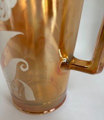 Vintage Marigold Carnival Glass With Painted White Feathers & Leaves w/ice Lip