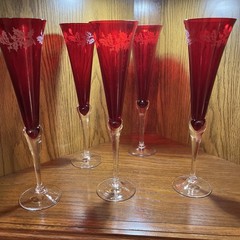 Lenox Ruby Clear Stemmed Etched Holly Holiday Gems Champagne Flutes (6)