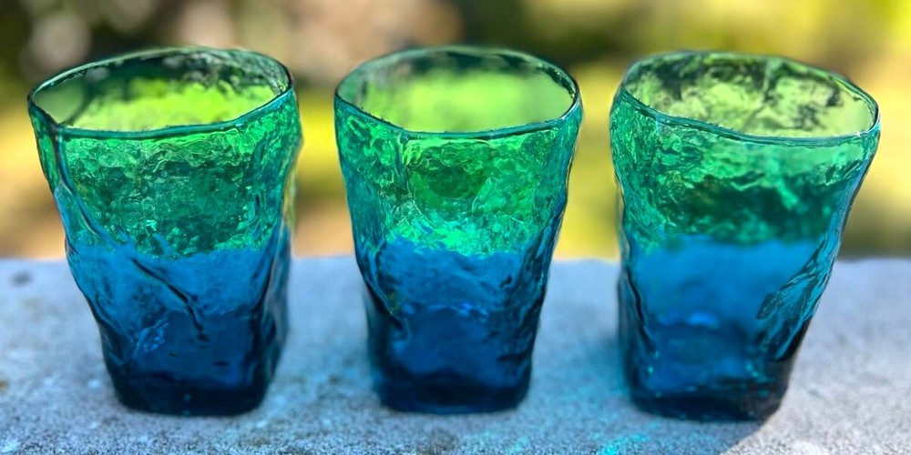 Vintage MCM Morgantown Seneca Driftwood Peacock Blue Tumblers 4 1/8″ Set of 3