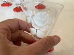 Art Deco Hand Painted Floral & Angel Fish Red Footed Cocktail Glasses WOW