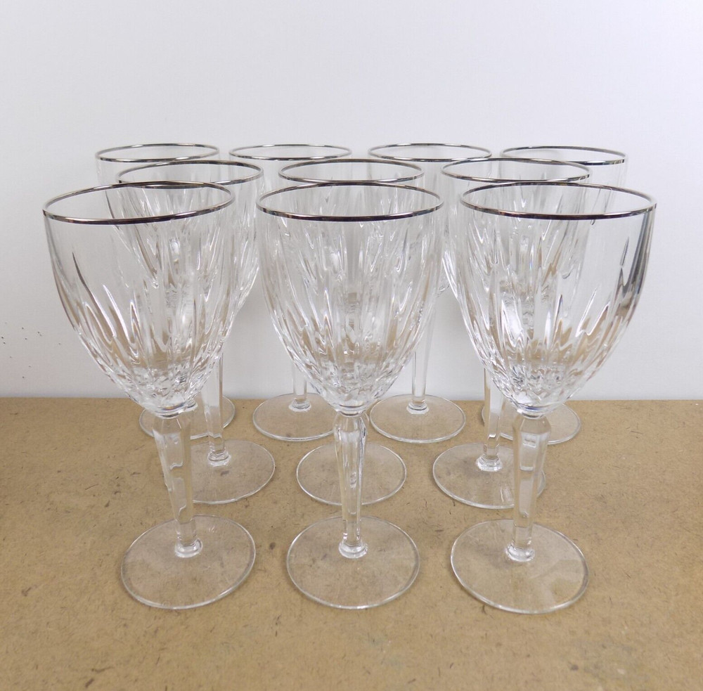 10 Lenox Clarity Crystal 7″ Wine Glasses Goblets Platinum Trim Signed