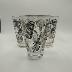 3 Vintage Libbey Musical Instruments Glass Tumblers Clear Black Gold Barware