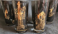 Six Vintage Black & 22k Gold Oil Well Glasses