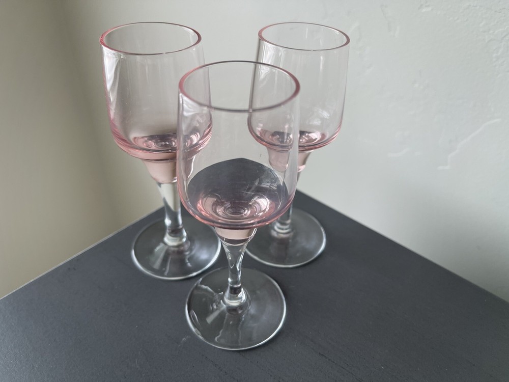 Vintage Pink & Clear Stems Adorable Small Shot Cordial Wine Glass 4 inch SET 3