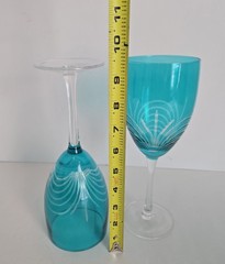 4 Pier 1 Pavo Teal Water Goblets Wine Glasses Aqua Blue Cut to Clear Turquoise