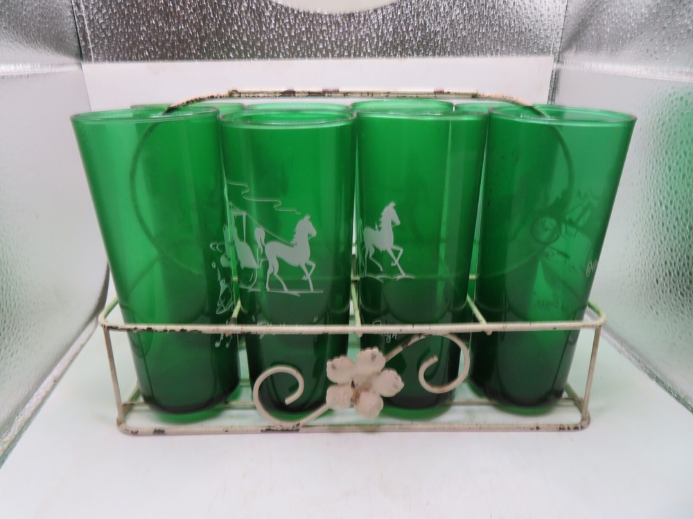 Vintage Set of 8 WITH METAL HOLDER Green Tall Xmas Sleigh Glasses OPEN SLEIGHT