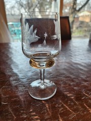 Single Floral Cut & Etched Unusual Wafer- Stem Wine Glasses Goblet