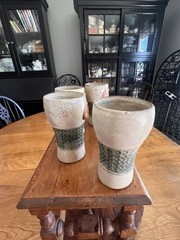 Vintage 4 Stoneware UCTCI Pottery Tumblers 3-D Baby Face Made in Japan 5″ tall