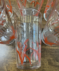 7 – Federal Glass -MCM Red Cattail & Gold Trim Tumblers Drinking Glasses 12 oz