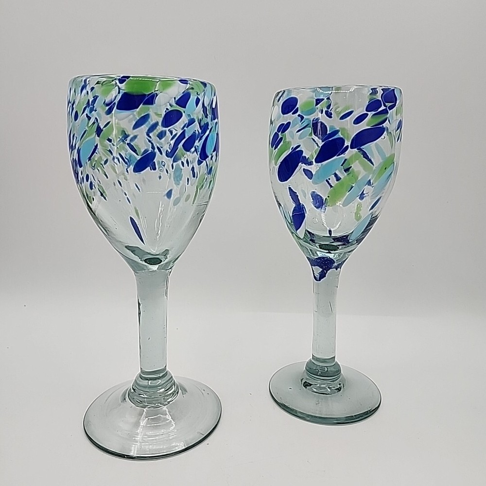 2 Hand Blown Art Glass Blue Aqua And Green Wine Glasses 8″ Festive Beach