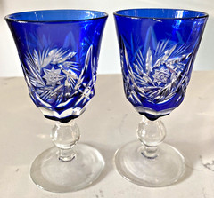 Vintage Japanese Edo Krinko Cordial / Sake Blue Crystal Glasses Set of 2