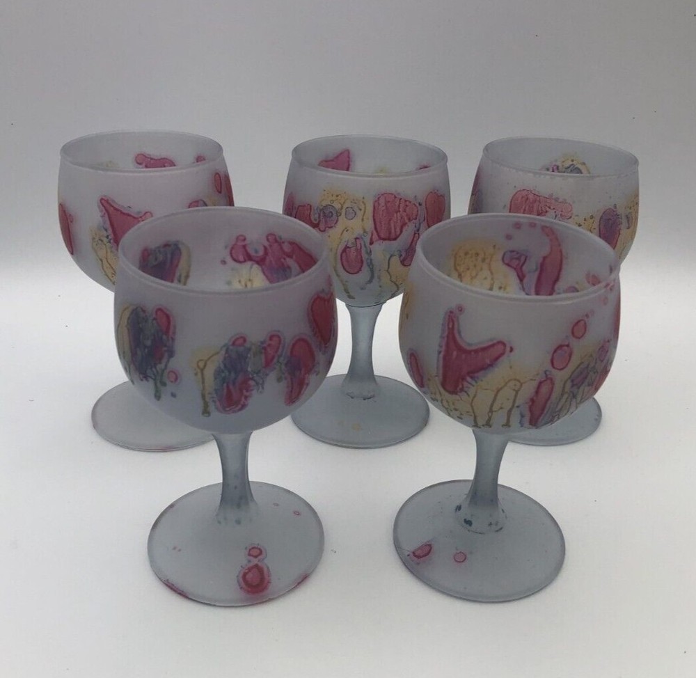 VTG Set of 5 Rueven Nouveau Art Cordial Glasses Water Color Satin Finish Mint 