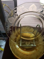 Set of (4) Luncheon Plates 8-7/8″ – Glass FOSTORIA crystal TROJAN TOPAZ YELLOW