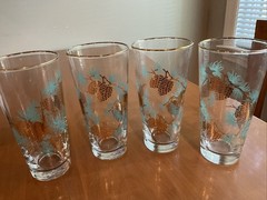 4 Vintage MCM Libbey David Douglas Turquoise Gold Pinecone Tumblers Glasses