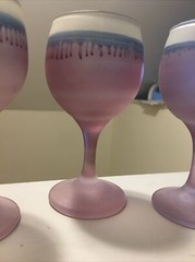Vtge Frosted Hebron Glass Drip Purple Pedestal Hand Painted Wine/Cordial Set-4