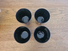 Vtg MCM Fred Press Black Gold Atomic Fish Rocks Whiskey Glasses Set 4 Signed