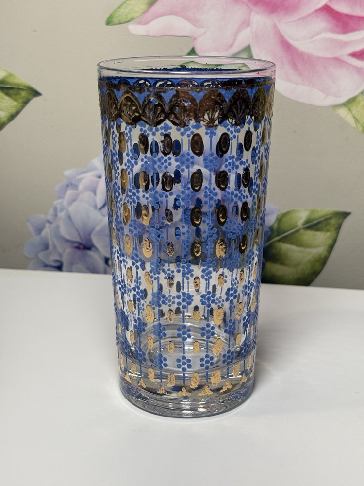 Vintage MCM Blue Gold Enamel Highball Glass Moroccan Bohemian Tumbler⁠