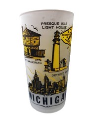 HAZEL-ATLAS Glass Michigan Drinking Glass Frosted Artwork Map Souvenir LandMark