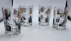 Set Of 4 Juice Glasses Nautical Theme in Gold Black 3-3/4″ T 2-3/8”
