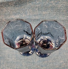 Two Vintage Libbey Facets 8 Sided Blue Footed Goblet Glasses SO22