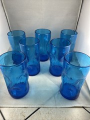 Blenko 418L Azure Blue Crackle Art Glass Flat Tumblers Set If 7 Hand Blown