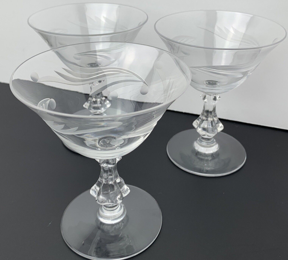 Set of 3 Floral Etched 5″ Glass Sherbet Dessert Glasses Clear Pedestal