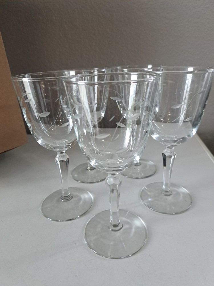 5 Libbey Windswept Wine/Water Goblets VTG Floral Etched Crystal Stemware