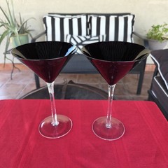 2 Martini Glasses Midnight Black Glass Clear Stem Barware Halloween Gothic